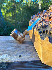 Olive wood Poker pipe with a lite blue ripple acrylic stem. picture