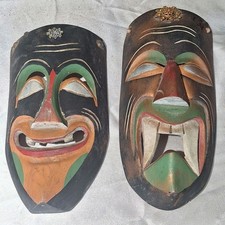 Vintage Mexican Folk Art Jeweled Carved Wood Wall Masks Pair Mid Century picture