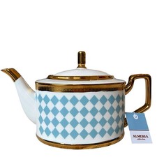 Almeria Blue & White Harlequin Porcelain Teapot with Lid Gold Accents 32oz NEW picture