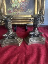 pair antique Neoclassical  ornate heavy brass candlesticks candleholders picture