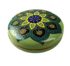 Antique Hand Painted Enamel Enameled Brass Round Trinket Vanity Dresser Box picture