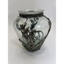 Pale Blue Glass Vase With Overlay Pewter Leaves and Flowers picture