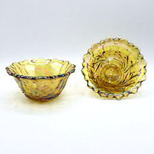 Candle Holder Wild Roses Marigold Amber Carnival Indiana Glass Set of 2 picture