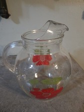 Vintage Mid-Century Clear Glass Pitcher Red Floral Green Leaves Ice Lip. 1950 picture