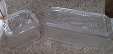 Set of 2 Vintage Federal Glass Refrigerator Storage Dishes Vegetable Lids picture
