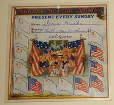 1910s Sunday School Reward Card w/ U.S.A. Flag Stickers (Wollaston / Quincy MA.) picture