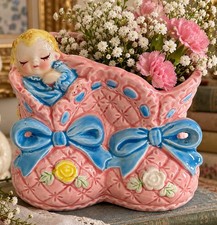 Vintage CGW Japan 8208 Baby Bassinet Planter Pink Blue Bows Nursery Ceramic picture
