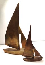 Vintage Brass Sailboat Sculpture 9-3/4 & 5-1/ 4Ship Boat Nautical Decor  picture