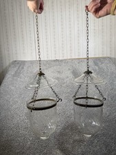 Pair Antique Etched Glass Bell Shaped Hundi Hanging Lantern Colonial Style picture