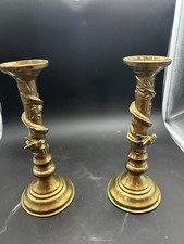 Vtg Pair Chinese Brass Dragon Candlesticks Wrapped Column Spiral Taper Holders picture
