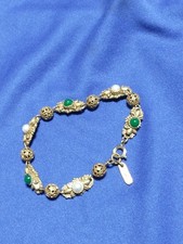 VINTAGE FLORENZA FILIGREE LINK BRACELET VICTORIAN FAUX PEARL GREEN CABOCHONS 7