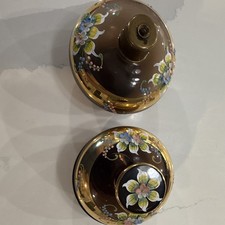 Hand Painted Brown Glass Lidded Jar, Gold Floral Pattern Round Decor picture