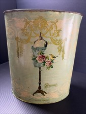 Vtg French Country Shabby Chic Metal Floral Paris Waste Basket Trash Can Green picture