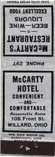 McCarty Hotel McCarty's Restaurant Willard OH Vintage Matchbook Pre-1940s picture