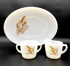 Vintage 1960s MCM Classic Fire King Golden Wheat Creamer, Sugar, and Platter Set picture