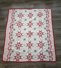 Vintage Quilted Blanket Snowflake Red On White 80