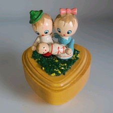 Rare Vintage Erzebirge Like Family on Heart Shaped Trinket Box 2.5