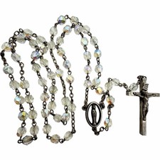 Vintage AB Aurora Borealis Glass Bead Rosary Virgin Mary Crucifix Catholic MCM picture