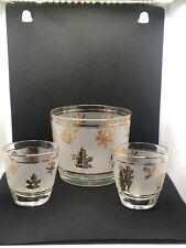 Vintage Libbey Gold Leaf Foliage Frosted Ice Bucket Bowl W/ 2 Gold Leaf Glasses picture