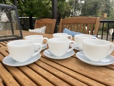 SET OF 6 Jonathan Adler Ether Pearl Milkglass Teacups w/ Light Blue Saucers NWOT picture