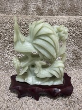 Superb Vintage 6” Tall Chinese Carved Jade Rooster Sculpture on Wood Base picture