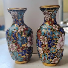 Vintage Pair Chinese Cloisonné enameled brass floral vases. Miniature  2in. picture