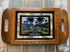 Vintage Bahia Brasil Real Butterfly Wing Art Wood Tray Blue Morpho Reverse Paint picture