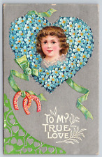 Original Old Vintage Postcard Embossed Flower Heart Valentine True Love Girl picture