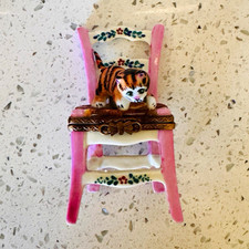 Vintage Limoges France Porcelain  “Cat on white Chair” Trinket Box. picture