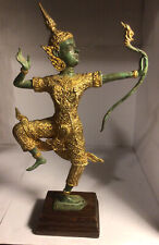 vintage Thai Bali Metal gilt verdigris dancing archer sculpture 9” on wood base picture