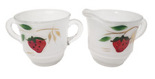 VTG Bartlett Collins Frosted Glass Strawberry Cream and Sugar Set Hand Painted picture