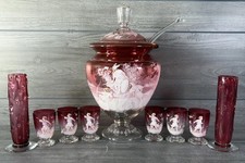 Antique Bohemian Mary Gregory Cranberry Glass Punch Set 16” Hand Enameled picture
