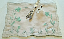 Vintage Placemats Marghab Madeira Hand Embroidered GREEN Iris Organdy Set of 7 picture