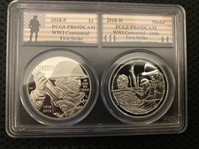 2018 WW 1 CENTENNIAL FS PCGS PR69DCAM AND Army MEDAL PR69DCAM Dual Slab picture