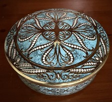 Vintage Round Tin Dalher Aqua Blue White Gold Embossed Floral/Mosaic Design picture