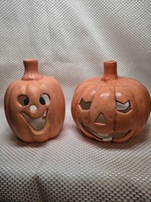 Vtg Nantucket Dist Ceramic Pumpkin Jack O Lantern Halloween Candle Holder Set 2 picture