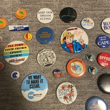 Lot 30+ Vintage Pin Back Buttons: Political, Religion,  Smurf’s, Sports, History picture