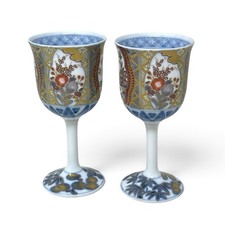 Vintage Japanese Wine Glasses Gilded Porcelain Imari  Blue Red Gold Set NEW picture