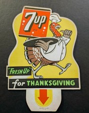 Vtg 1948 7-Up Soda Cardboard Bottle Topper Sign Thanksgiving Turkey 