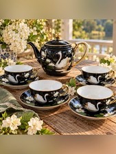 Antique 1911-21 Nippon Morimura Swan Tea Set 9pc Black Gold Hand Painted picture