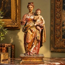Large Antique 19th Century Mary Jesus Statue Carved Polychrome Wood Catholic picture