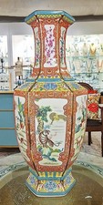 Polychrome Porcelain Hexagonal Chinoiserie Vase. Hand Painted (22