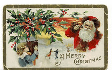 Vintage Postcard-A Merry Christmas-Santa Talking to Little Girl-Embossed picture