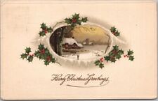 Vintage HEARTY CHRISTMAS GREETINGS Postcard - Winter Scene / Holly - 1913 Cancel picture
