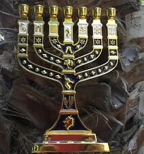 Blue Enamel Menorah Gold Plated 7 Branch 12 Tribes Of Israel Jerusalem 10.8