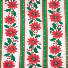 Vtg Cotton Fabric Red Poinsettia Flowers Ticking Green Stripes Christmas BTHY picture