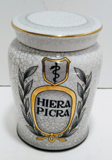 Antique Vintage 5” Porcelain Apothecary Jar and Lid Hiera Picra Gold Plated RARE picture