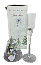 Vintage Hand Painted Snowman 2-Piece Clear Glass Candleholder picture