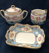 Handpainted Nippon M in Wreath Sugar Bowl, Creamer, Candy or Nut Dish, Pink Rose picture