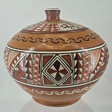 Vintage clay hand painted Geometric pattern Pottery Folk art dish w lid Peru picture
